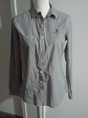 Cutter & Buck Black and White Striped Button-Down Shirt with Red Embroidery